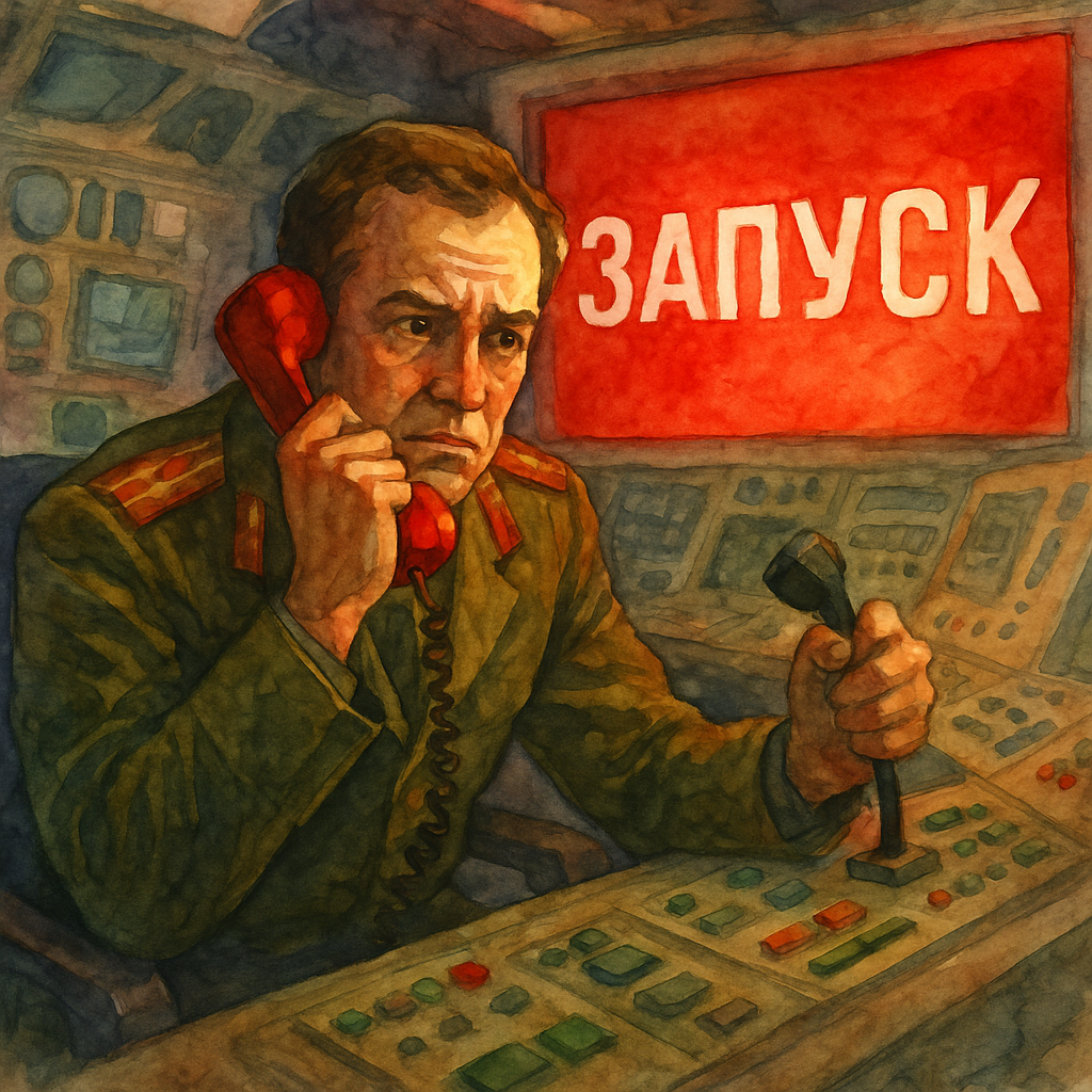 Stanislaw Petrov dans le bunker avec le téléphone rouge et le panneau ЗАПУСК